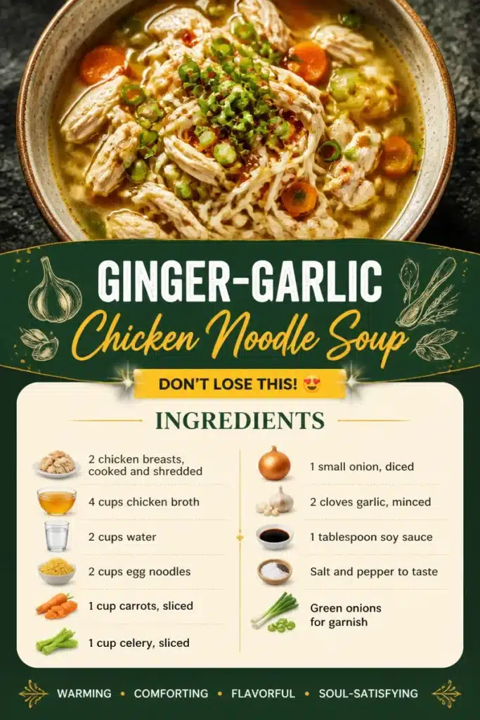 Delicious bowl of Ginger-Garlic Chicken Soup with noodles and herbs