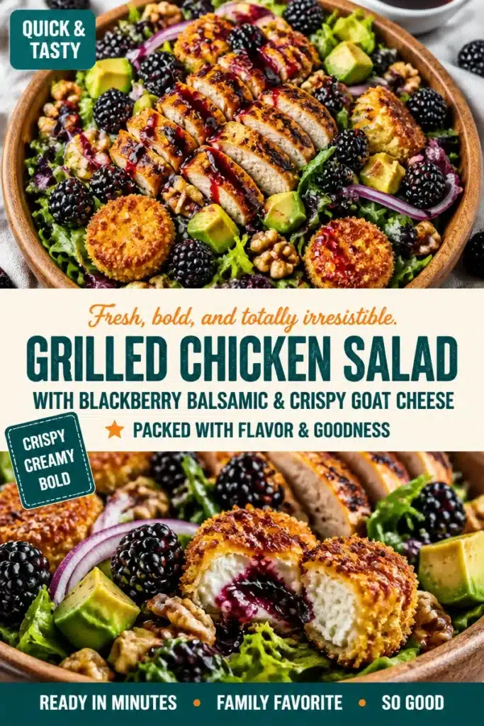 Grilled chicken salad with blackberry balsamic dressing and crispy goat cheese