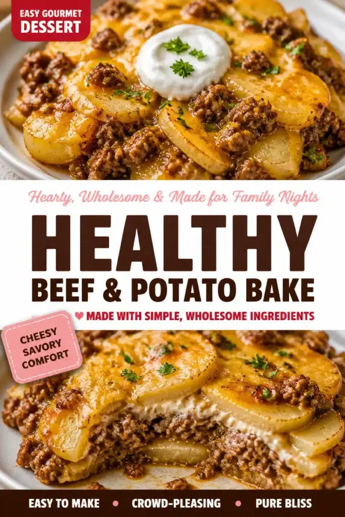 Healthy loaded beef and potato bake dish for a family dinner