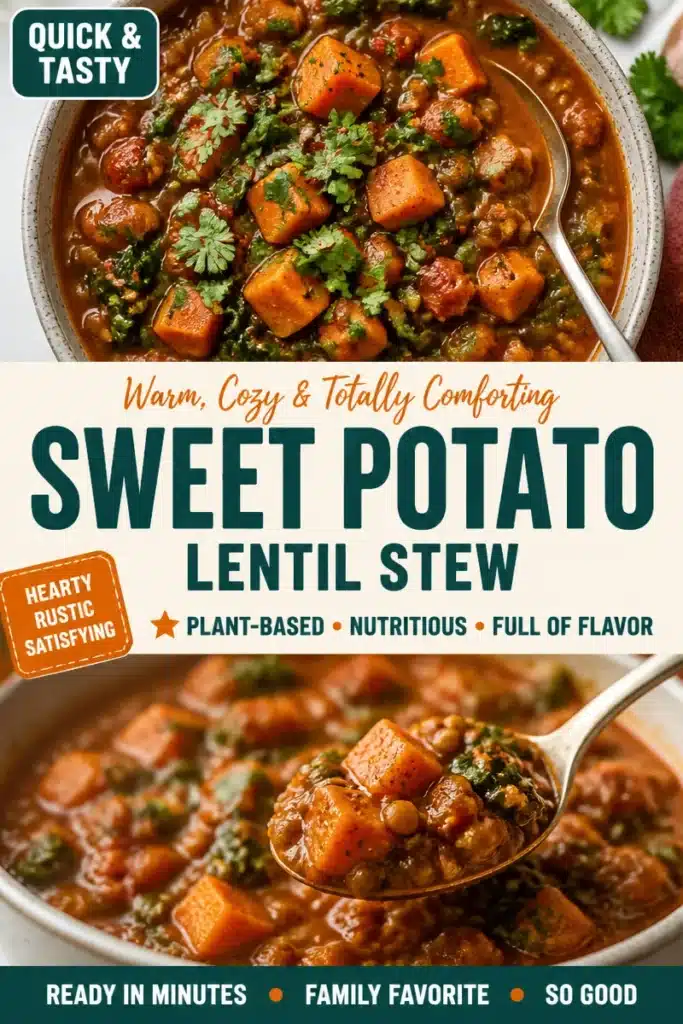 Bowl of hearty sweet potato lentil stew with fresh herbs and spices