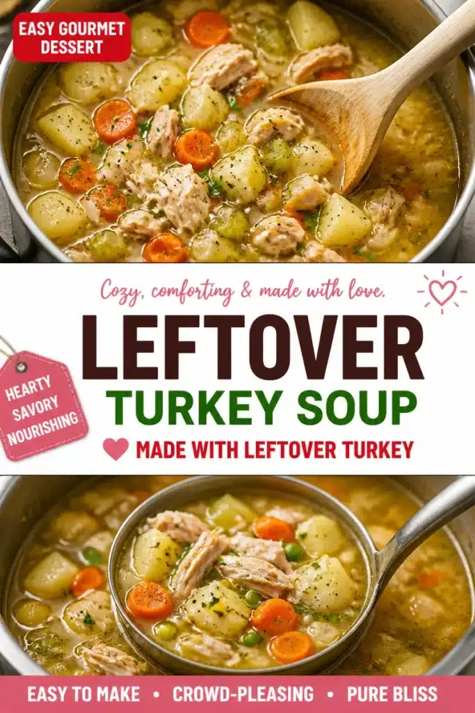 Hearty turkey leftover soup served in a bowl with fresh herbs and vegetables