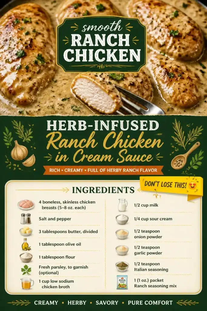 Herb-infused ranch chicken served in a creamy sauce on a plate