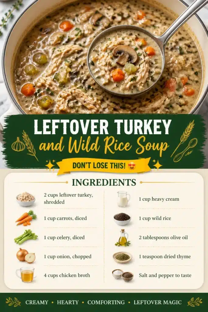 Bowl of leftover turkey and wild rice soup garnished with herbs