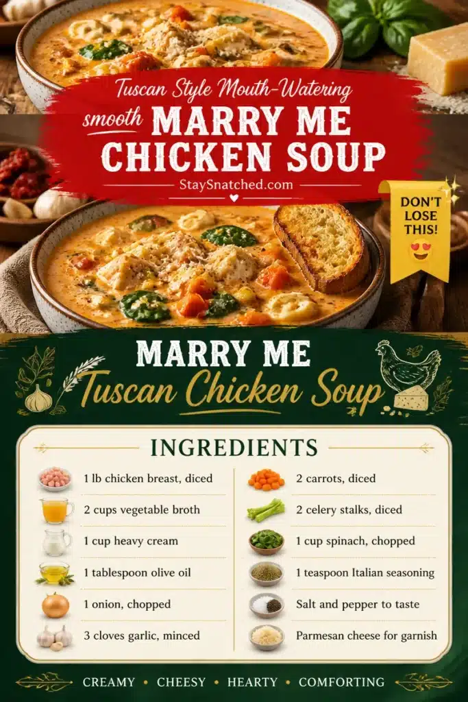 Bowl of Marry Me Tuscan Chicken Soup with herbs and rustic bread