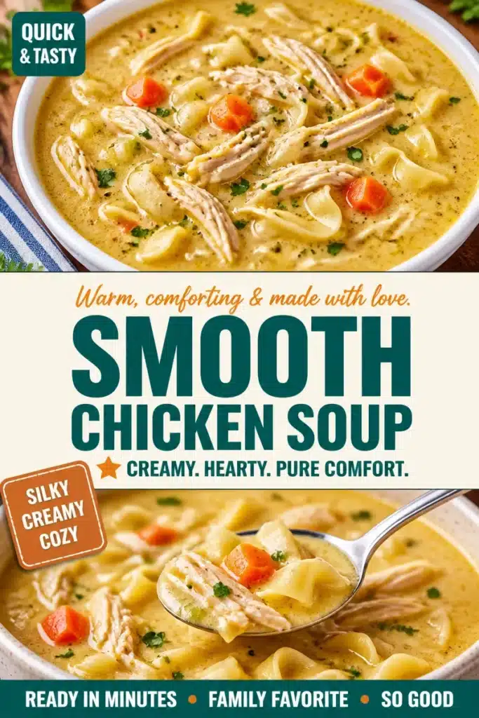 Bowl of creamy chicken noodle soup garnished with herbs and vegetables.