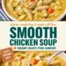Bowl of creamy chicken noodle soup garnished with herbs and vegetables.