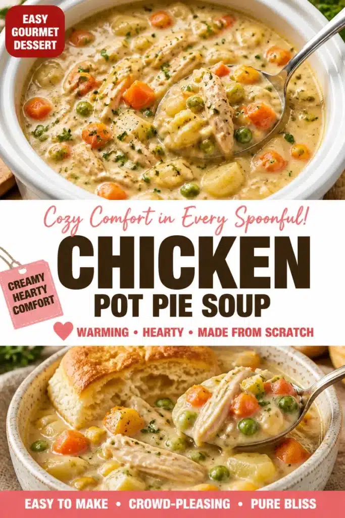 Homemade chicken pot pie soup in a slow cooker, prepared from scratch without canned soup.