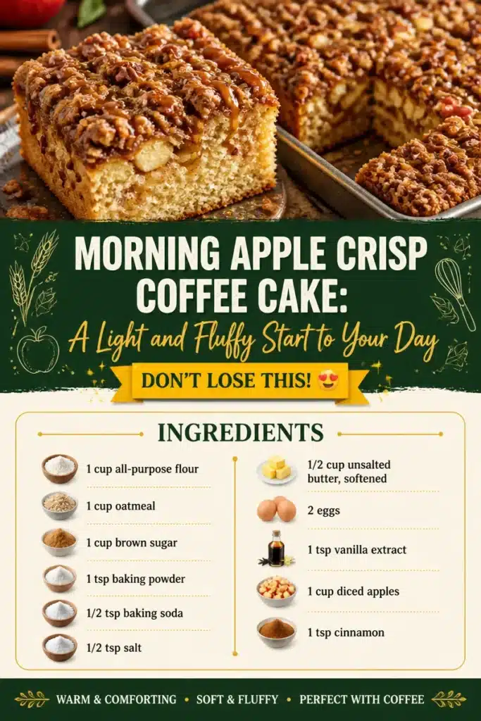 Morning apple crisp coffee cake topped with cinnamon and apples for a delightful breakfast
