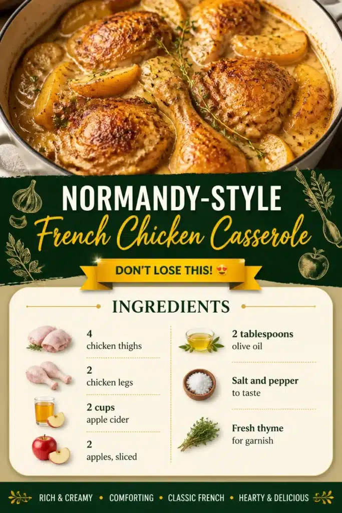 Delicious Normandy-Style French Chicken Casserole served in a rustic dish.