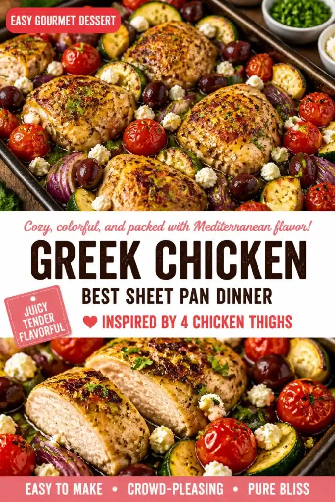 A delicious One-Pan Greek Chicken Dinner featuring colorful vegetables and herbs.