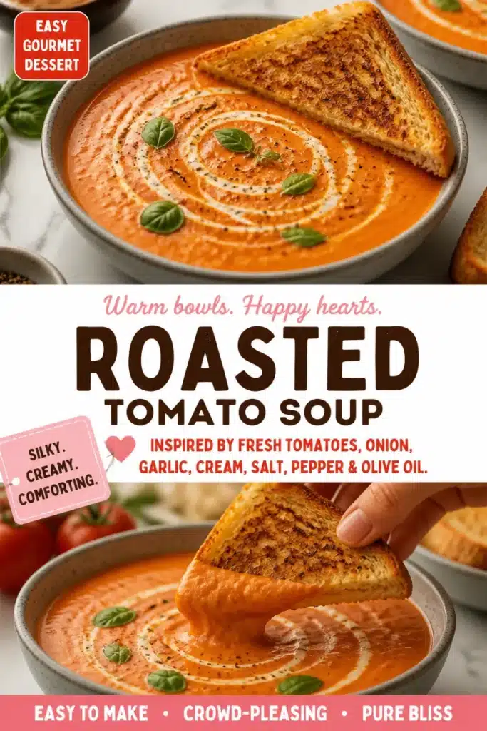 Bowl of oven-roasted tomato soup topped with fresh basil