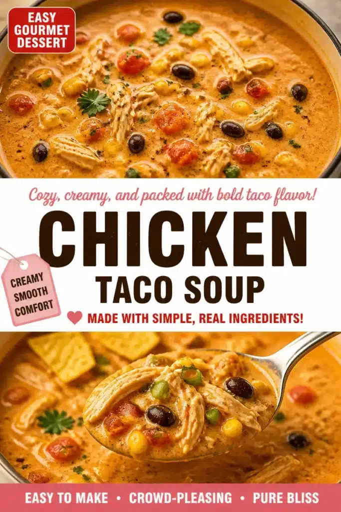 Bowl of quick and easy chicken taco soup topped with fresh cilantro and tortilla strips.
