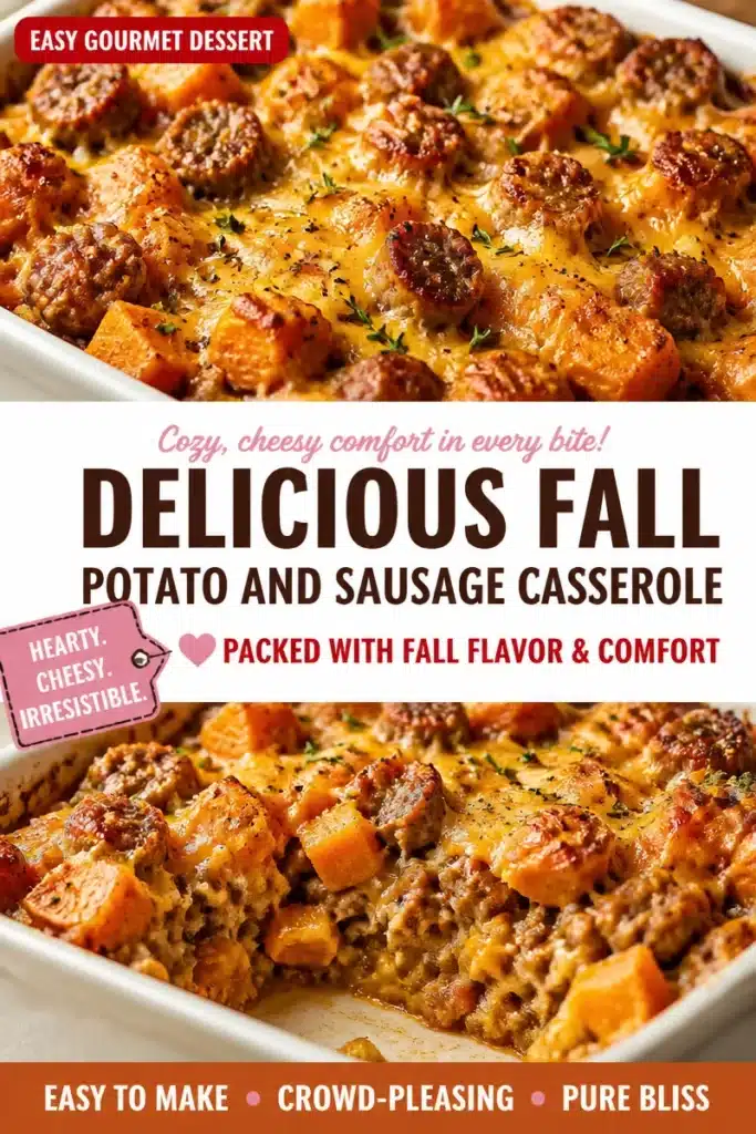 Delicious roasted sweet potato and sausage casserole garnished with herbs