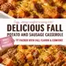 Delicious roasted sweet potato and sausage casserole garnished with herbs