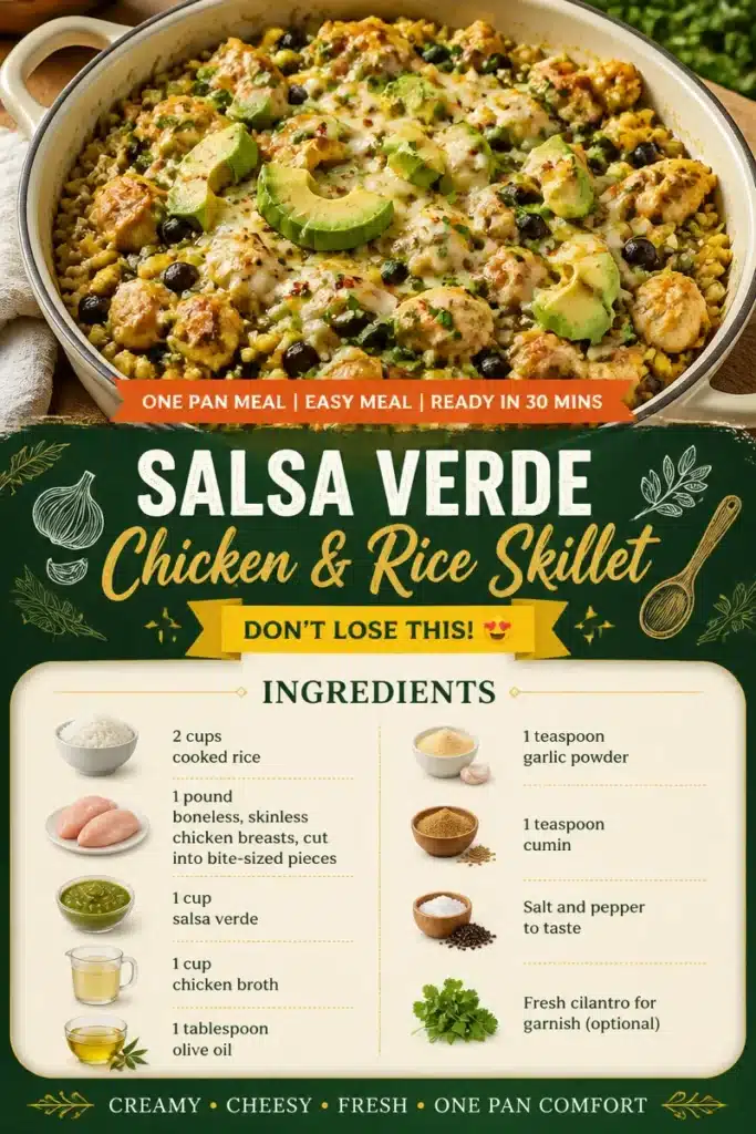 Delicious Salsa Verde Chicken & Rice Skillet served in a colorful dish