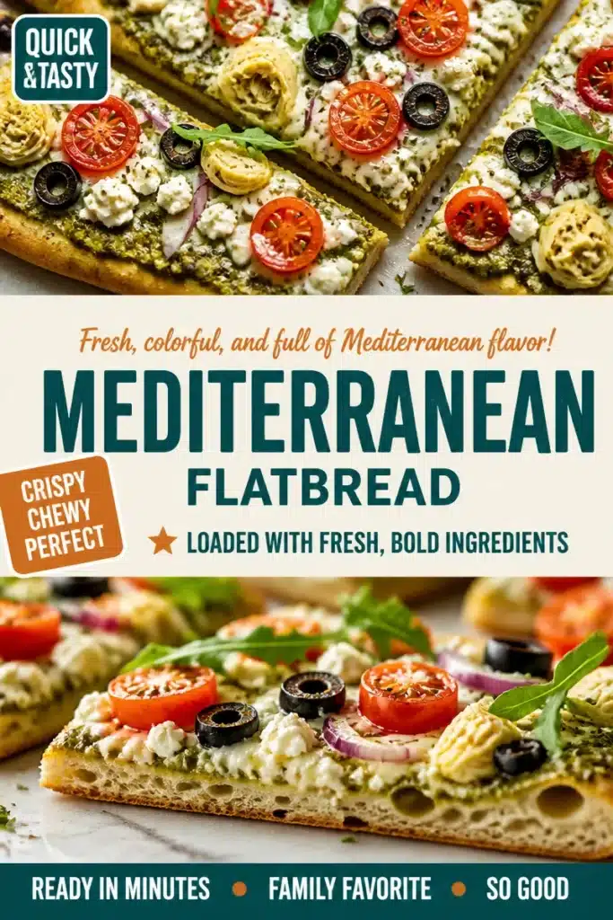 Delicious Mediterranean flatbread pizza with fresh toppings on a wooden board