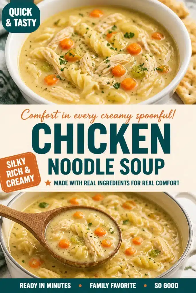 Homemade silky chicken noodle soup in a bowl with herbs and spices