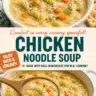 Homemade silky chicken noodle soup in a bowl with herbs and spices