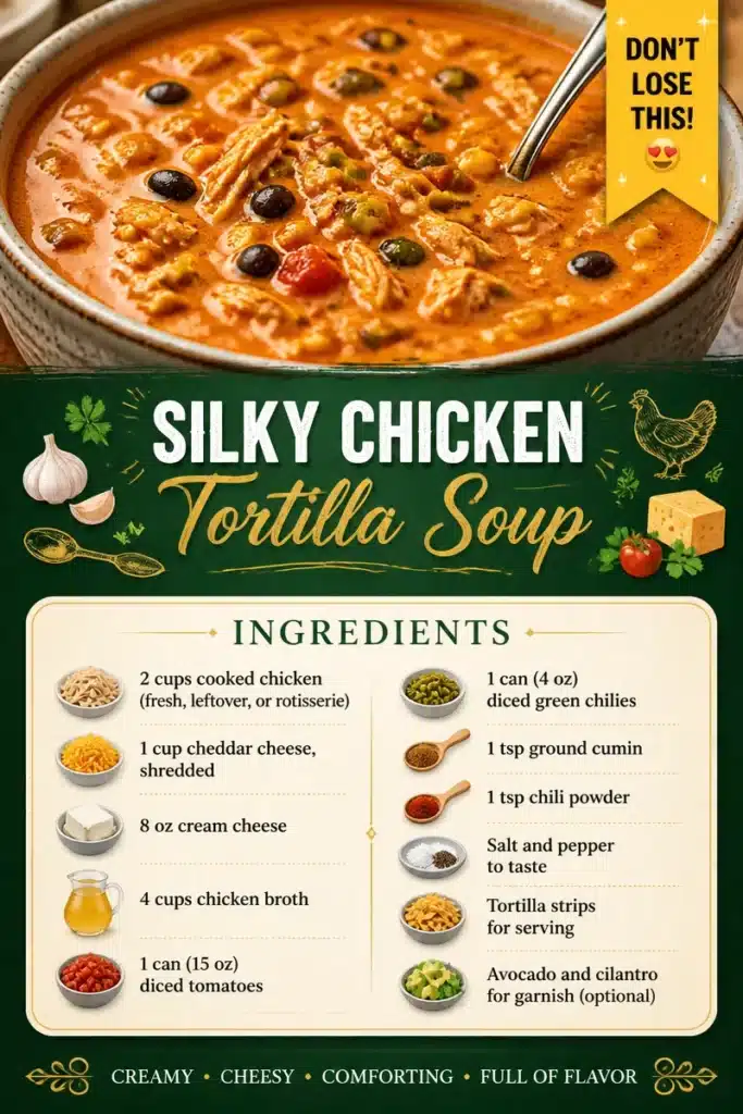 Bowl of silky chicken tortilla soup topped with crispy tortilla strips and cilantro.