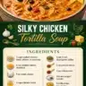 Bowl of silky chicken tortilla soup topped with crispy tortilla strips and cilantro.
