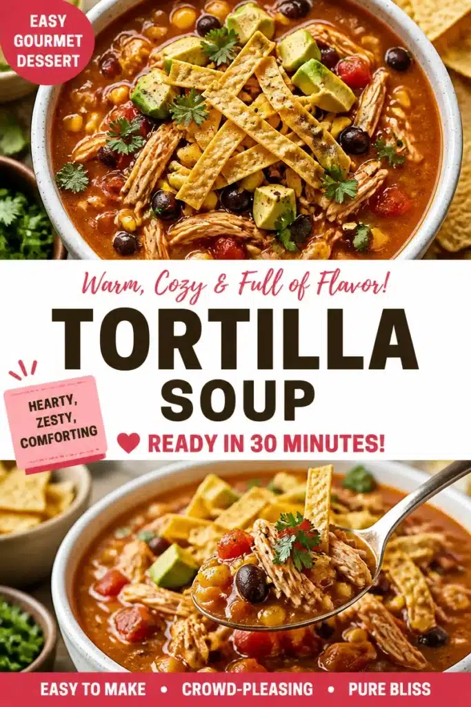 Bowl of simple tortilla soup topped with crispy tortilla strips and cilantro