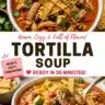 Bowl of simple tortilla soup topped with crispy tortilla strips and cilantro