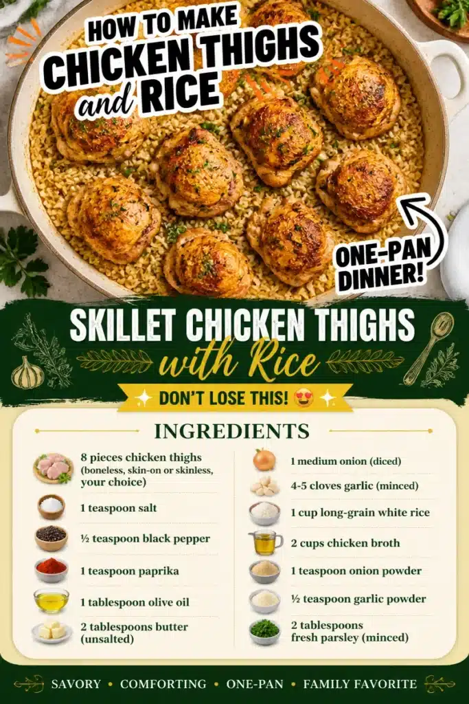 Skillet Chicken Thighs served with Rice in a pan