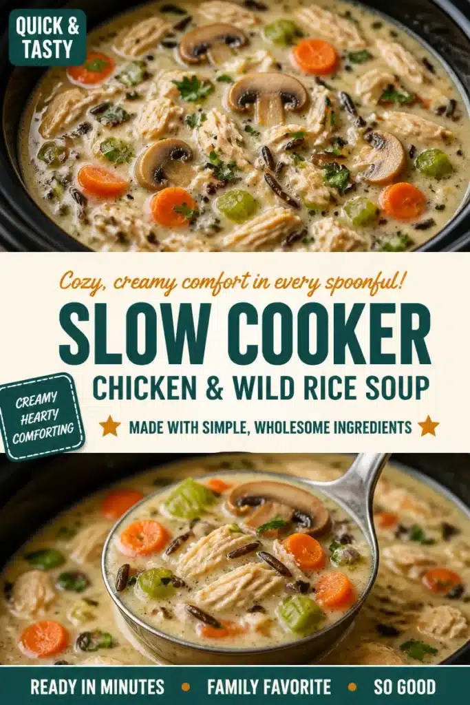Bowl of slow cooker chicken and wild rice soup garnished with herbs