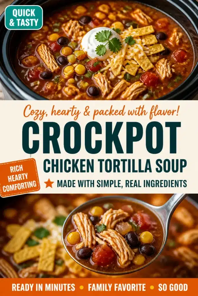 Bowl of Slow Cooker Chicken Tortilla Soup topped with crispy tortilla strips
