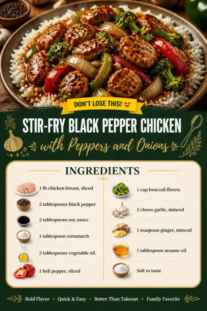 Delicious black pepper chicken stir-fry with peppers and onions