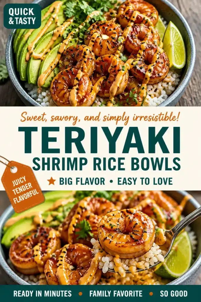 Delicious teriyaki shrimp rice bowl with vibrant vegetables and garnishes