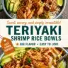 Delicious teriyaki shrimp rice bowl with vibrant vegetables and garnishes