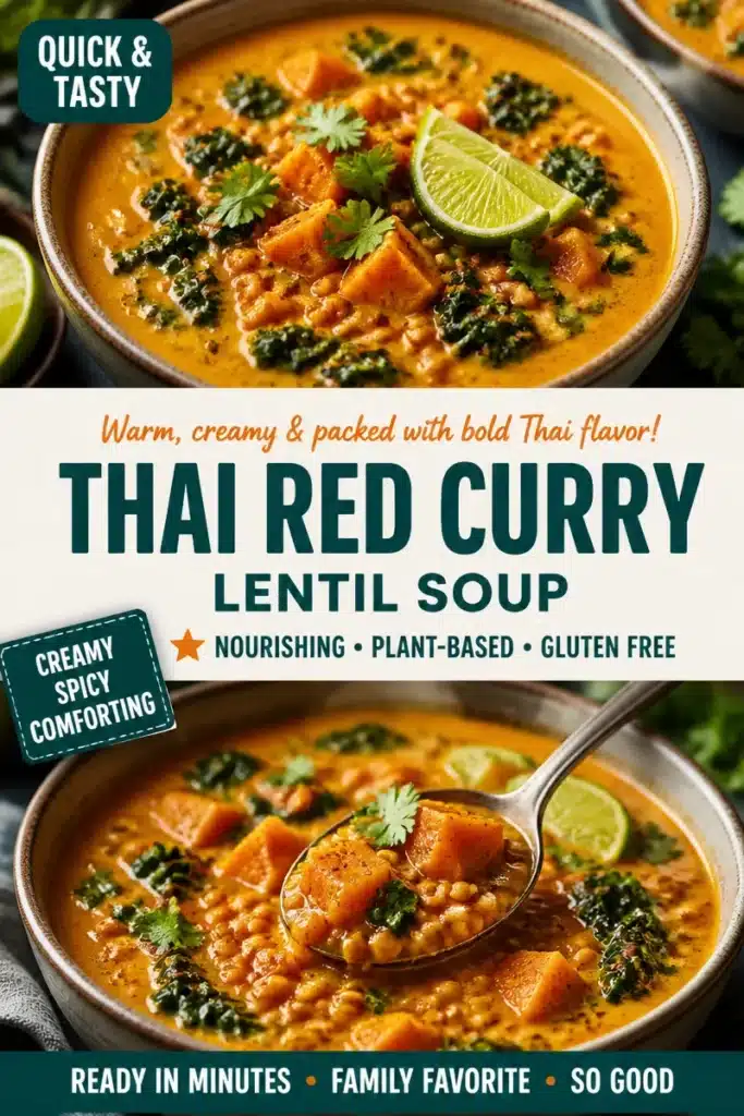 Delicious bowl of Thai red lentil curry soup topped with fresh herbs and spices