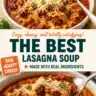 Bowl of delicious lasagna soup topped with cheese and fresh herbs