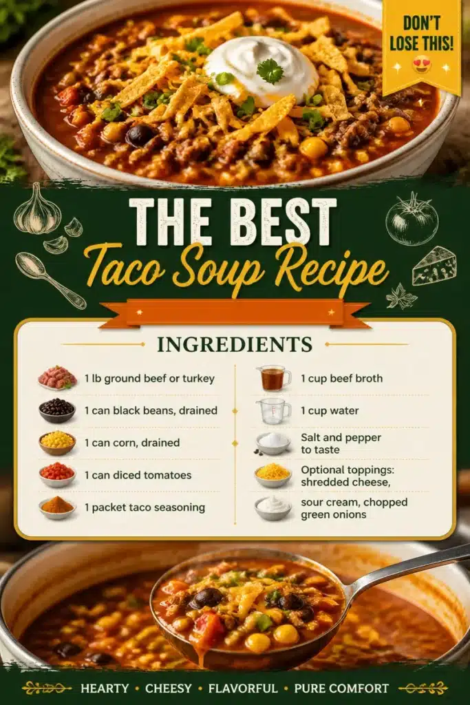 Delicious bowl of taco soup garnished with cheese and cilantro