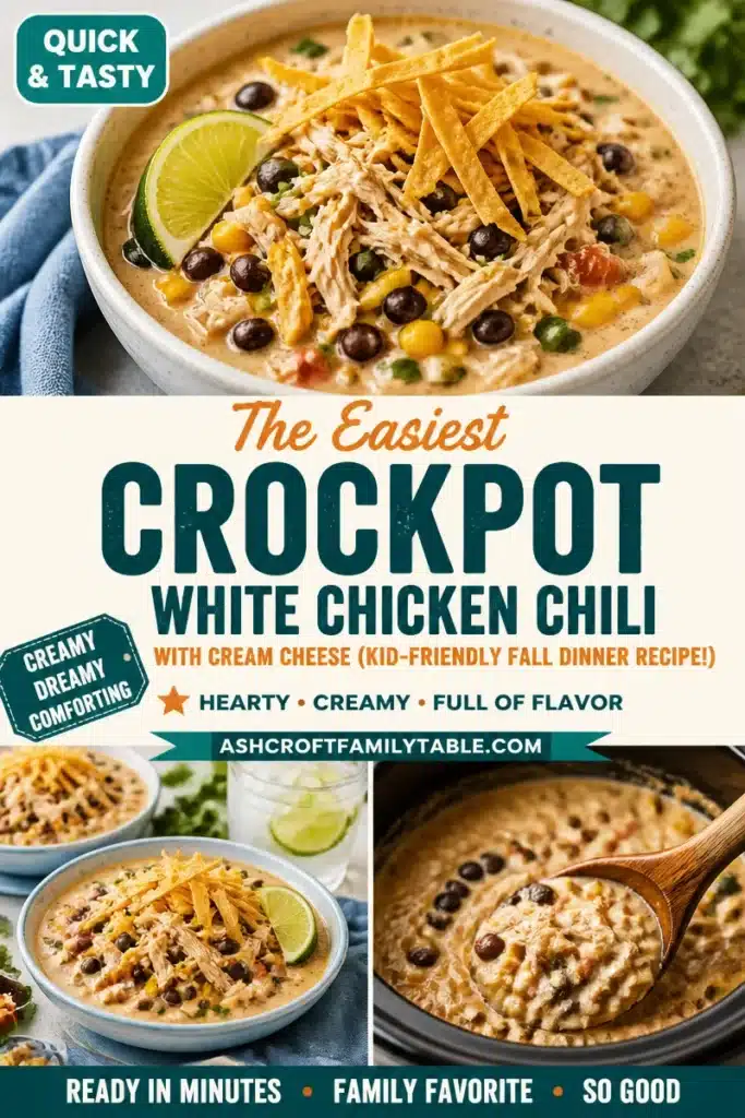 Easiest crockpot white chicken chili with cream cheese served in a bowl.
