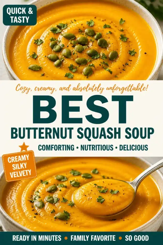 Bowl of creamy butternut squash soup garnished with herbs