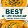 Bowl of creamy butternut squash soup garnished with herbs