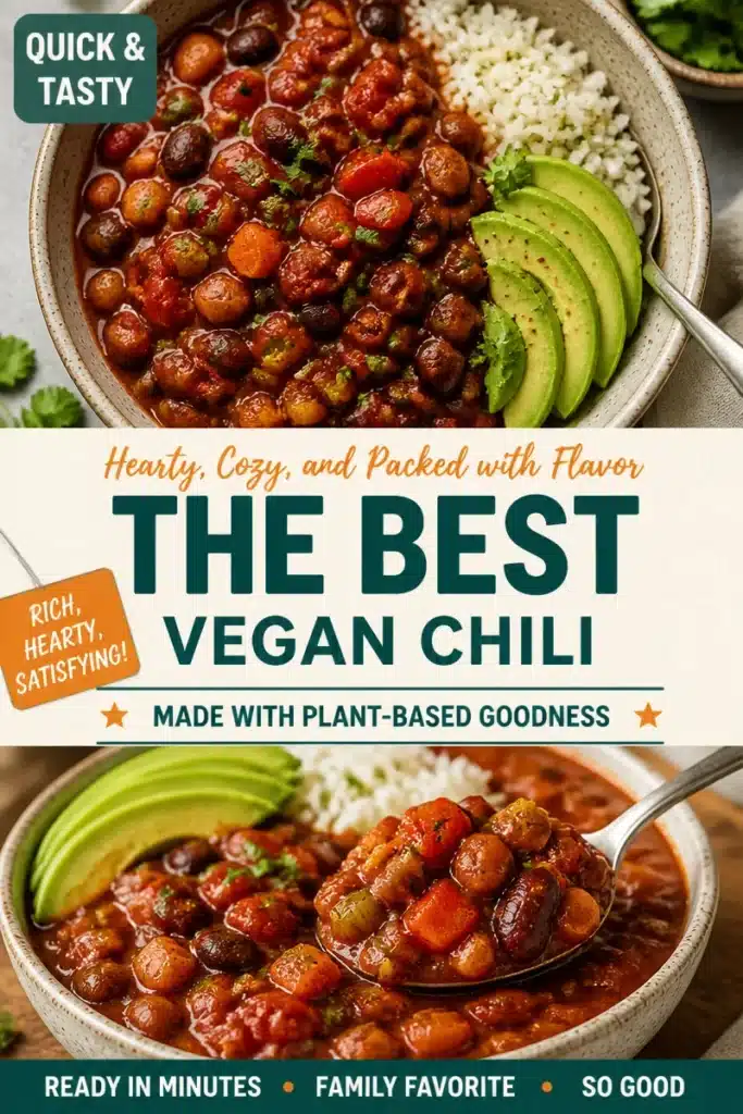 Bowl of ultimate vegan chili topped with fresh herbs and avocado