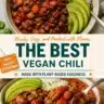 Bowl of ultimate vegan chili topped with fresh herbs and avocado