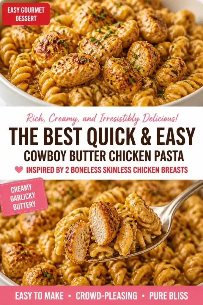 Plate of Cowboy Butter Chicken Pasta topped with parsley and served with garlic bread.