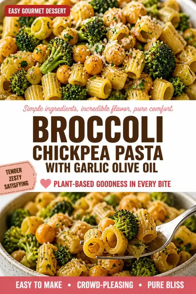 Vegetarian broccoli chickpea pasta in a bowl, garnished with herbs.