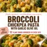 Vegetarian broccoli chickpea pasta in a bowl, garnished with herbs.