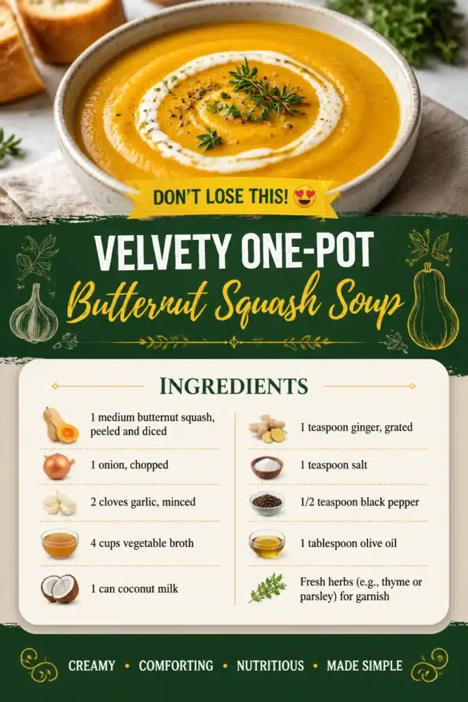 A bowl of velvety one-pot butternut squash soup garnished with herbs.