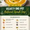 A bowl of velvety one-pot butternut squash soup garnished with herbs.
