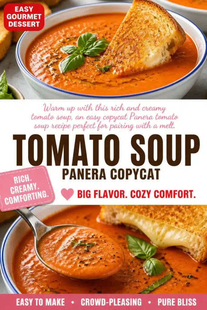 Creamy tomato soup in a bowl with bread on the side, inspired by Panera's recipe